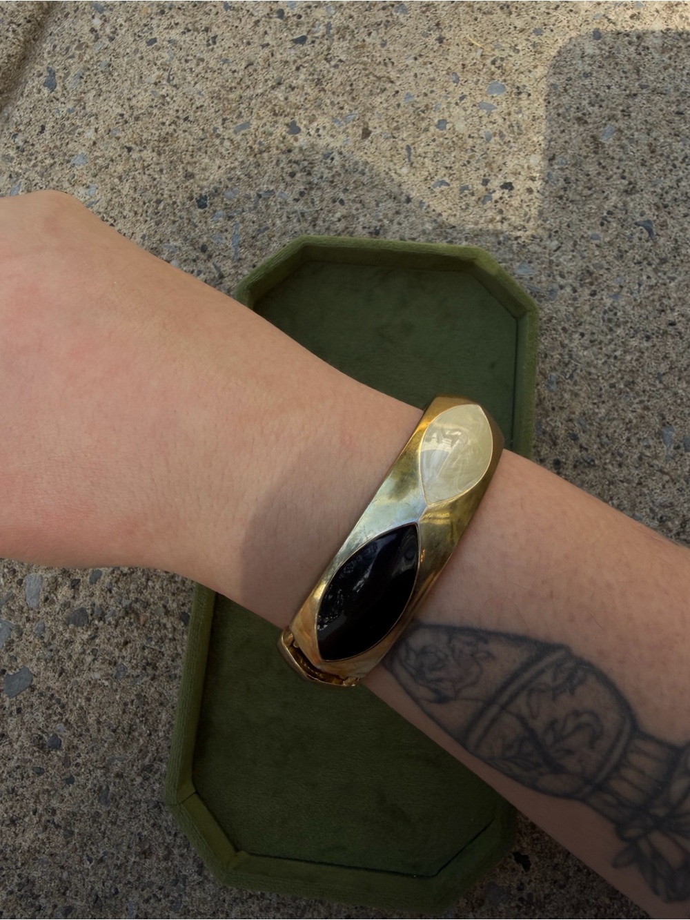 Gold Tone Women's Hinge Cuff Bracelet with Black Stone Accent